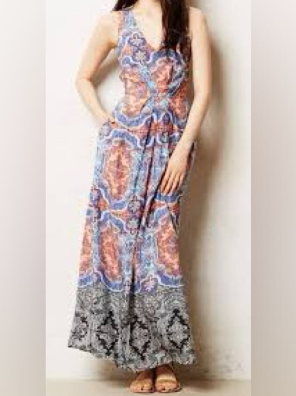 Maeve Anthropologie 100% Silk Paisley Maxi Dress Blue Peach Size 8